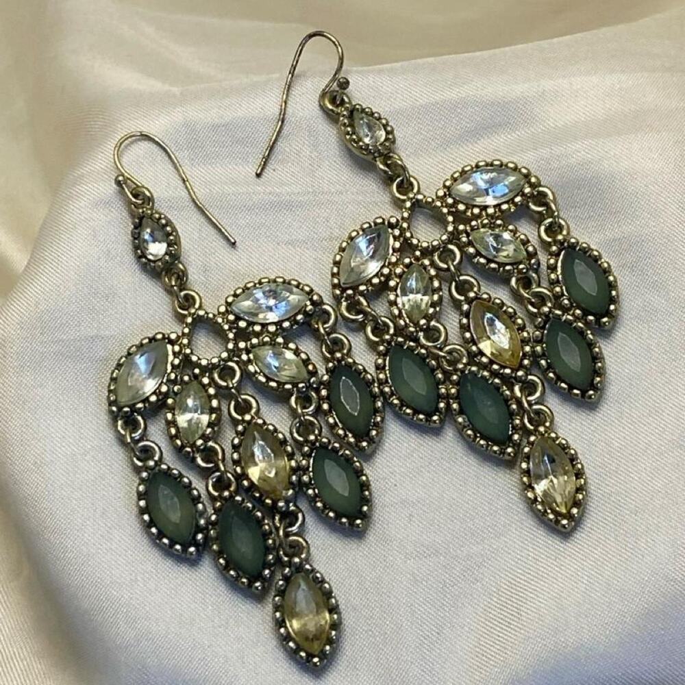 Vintage Green Crystal Chandelier Earrings Clear Rhinestone Marquise Gold Tone